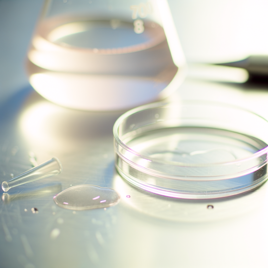 Laboratory glassware with liquid and petri dish.