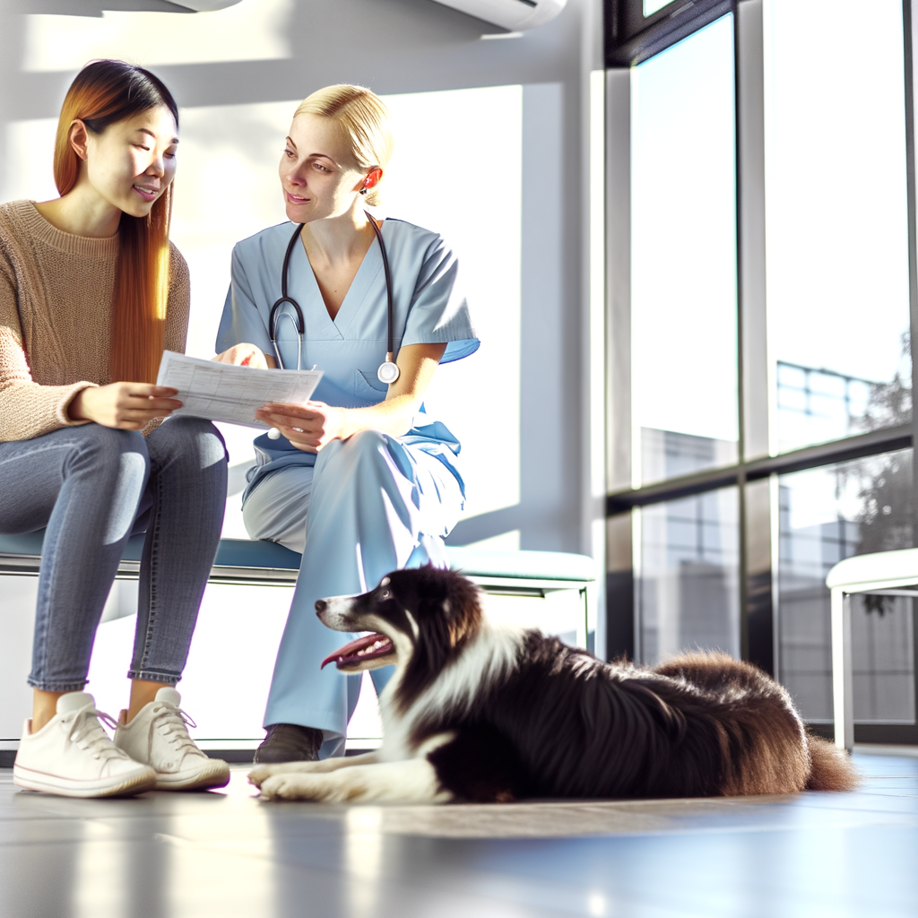 A woman talks to a veterinarian while a dog relaxes.