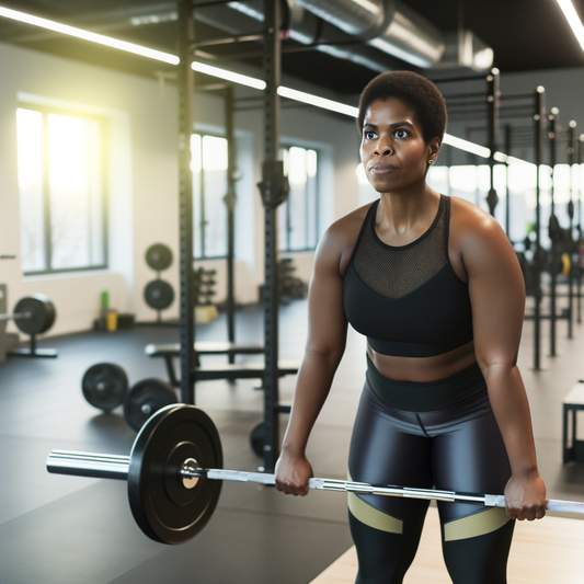 Woman lifting a barbell in a gym.