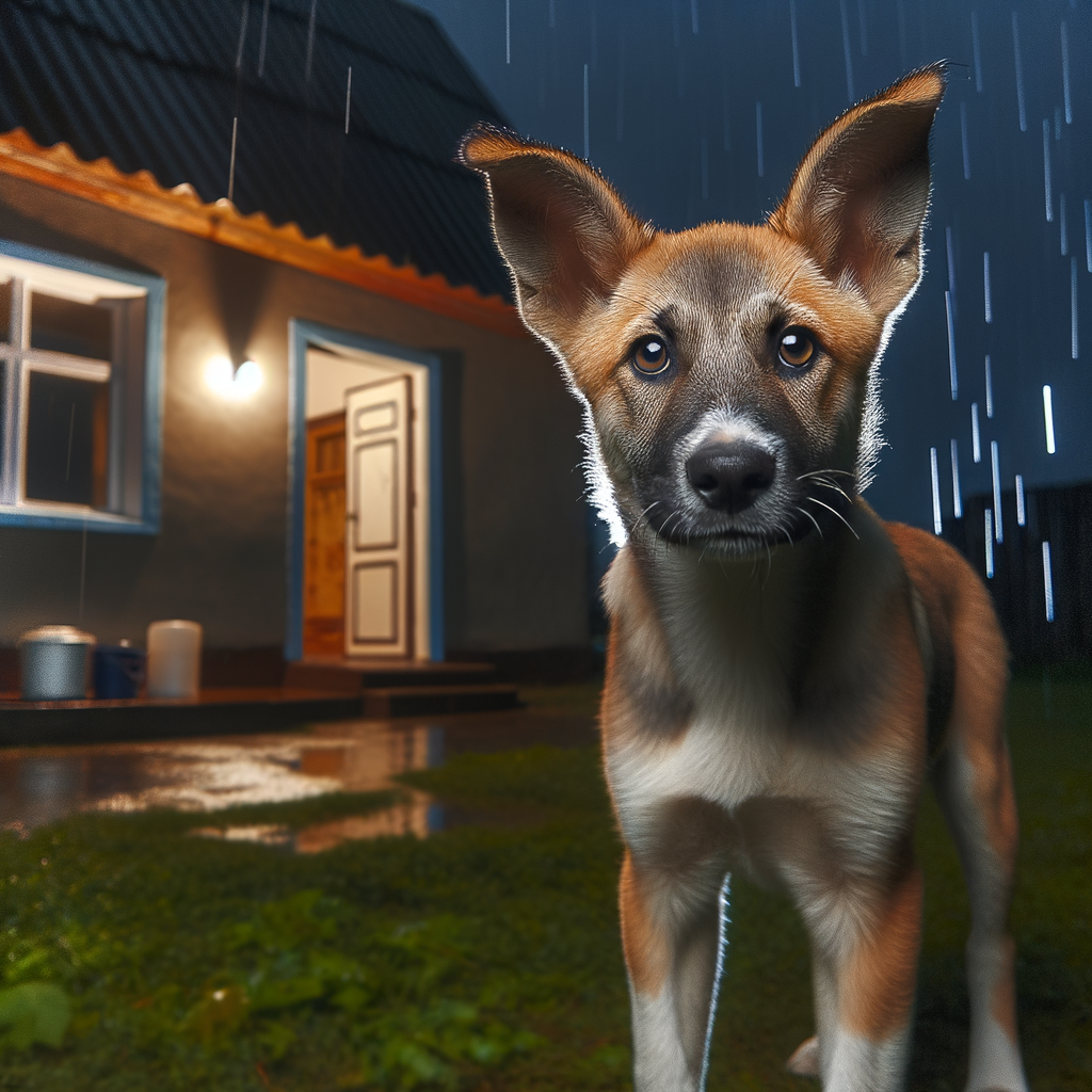 A curious puppy in the rain by a cozy home.