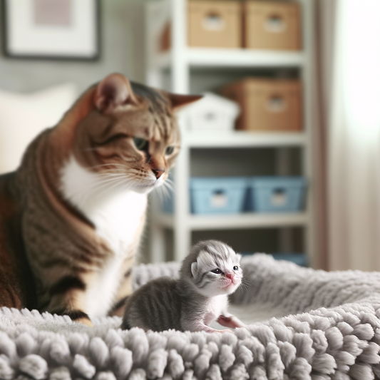 Cat and kitten together in a cozy setting.