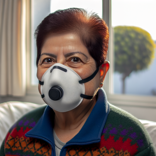 An older woman wearing a protective mask indoors.