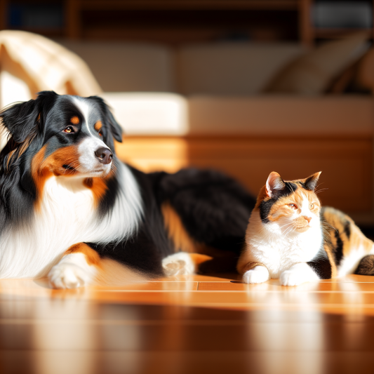A dog and a cat relaxing together indoors.