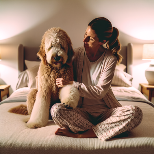 Woman sitting on bed with a fluffy dog.