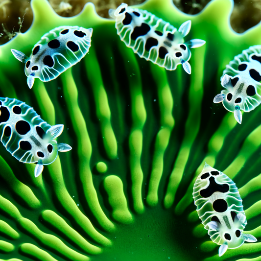 Colorful sea slugs on vibrant green coral.