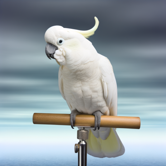 White cockatoo perched on a wooden stand.