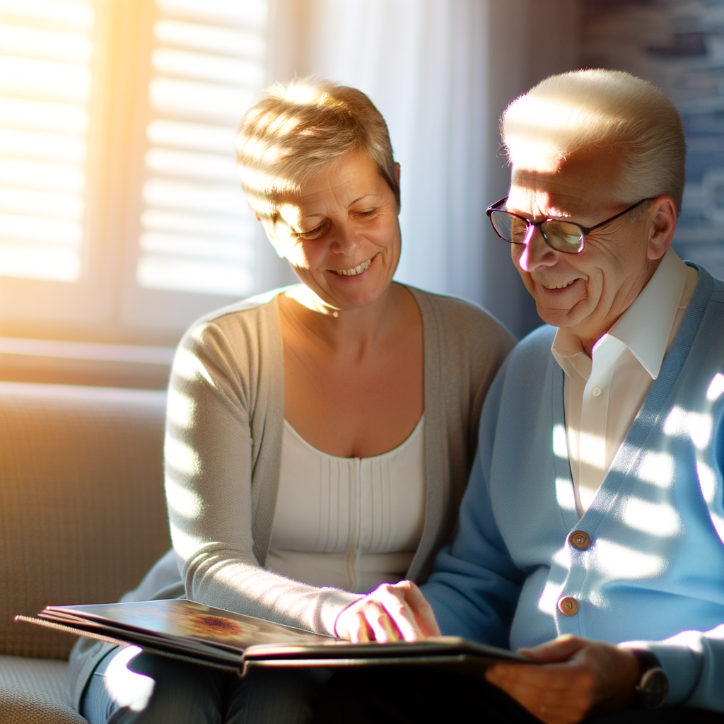A smiling couple sharing a photo album together.