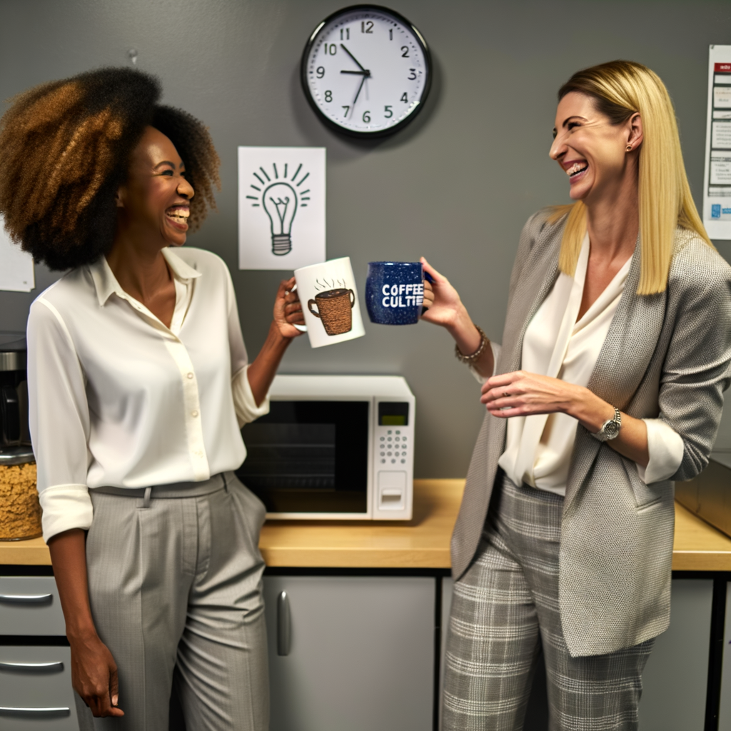 Two women joyfully sharing coffee mugs in an office.