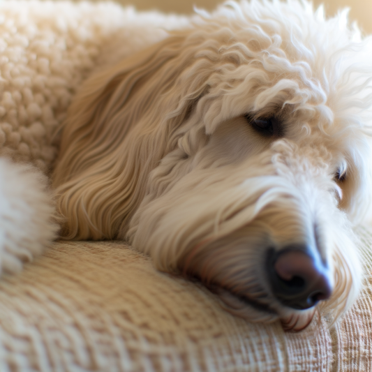 Fluffy dog resting on a cozy couch.