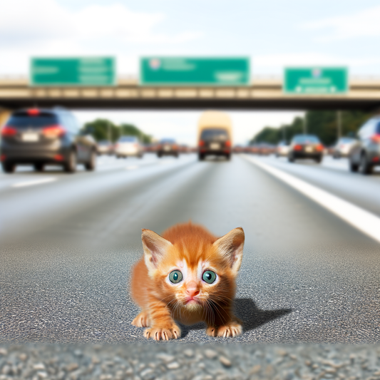 A scared kitten on an empty highway.