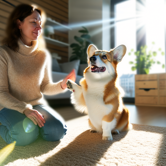 A woman and her happy Corgi share a moment.
