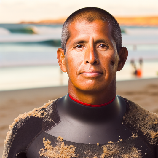 A surfer standing on the beach, covered in sand.