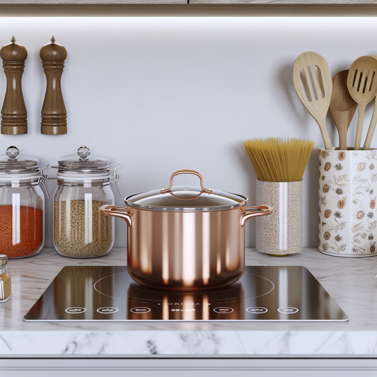 Copper pot on an induction stove with kitchen utensils.