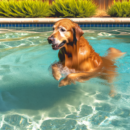 Dog joyfully swimming in a blue pool.