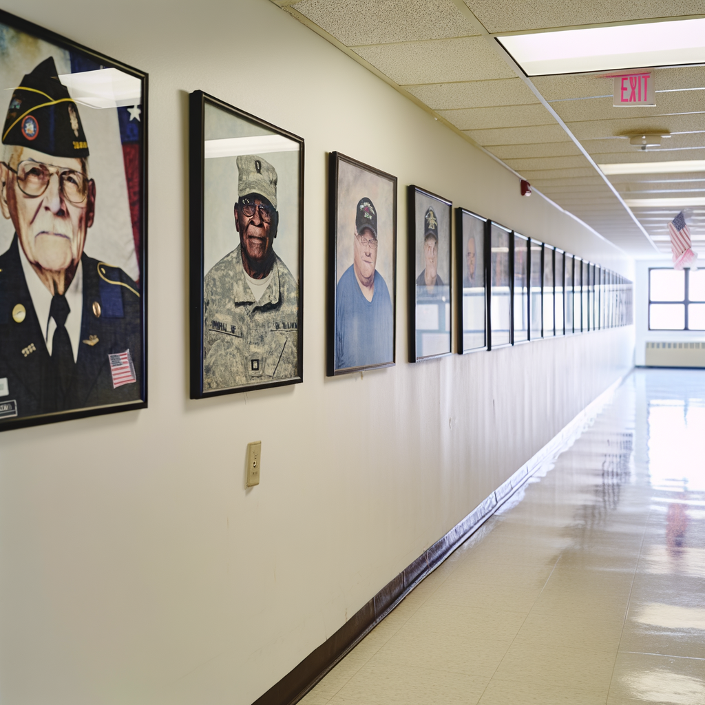 Portraits of veterans displayed along a hallway.