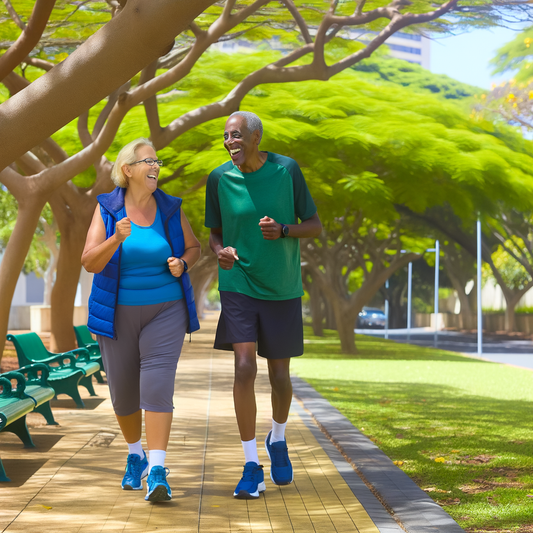 Two joyful individuals jogging in a sunny park.