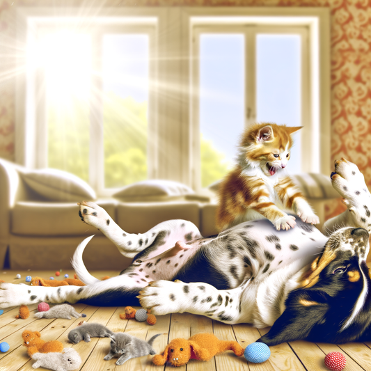 Playful kitten and dog in a sunny living room.