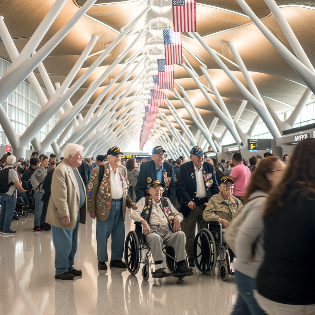 Veterans walking through a busy airport terminal.