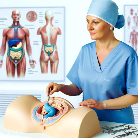 Medical professional examining a model of human anatomy.