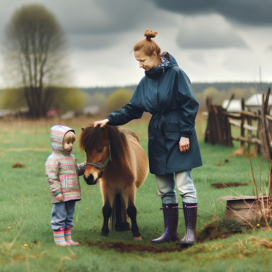 A woman and child interacting with a pony.