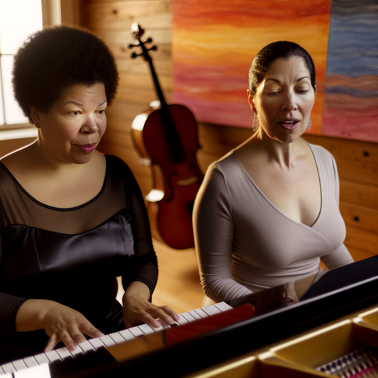 Two women playing piano and singing together.