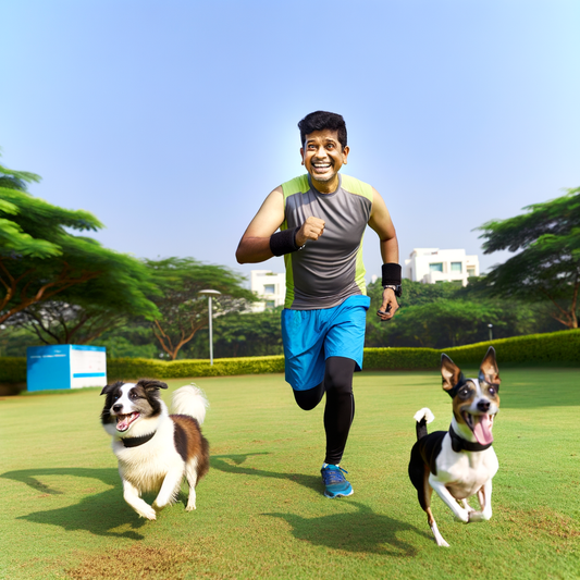 A man running with two happy dogs in a sunny park.