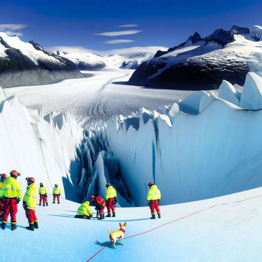 Glacier expedition with researchers and a small dog.