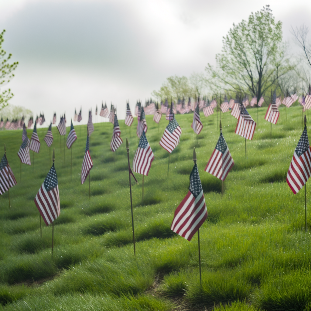 A hillside adorned with American flags.
