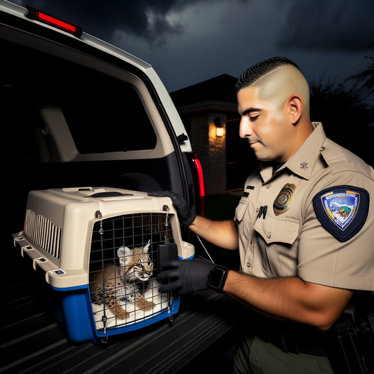 Officer handling a bobcat in a transport crate.