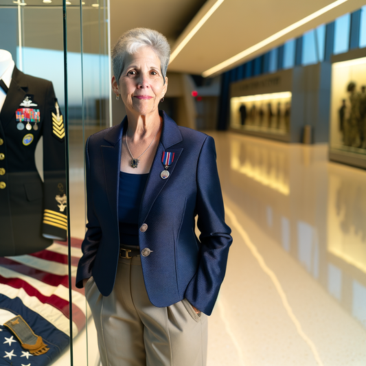 Woman in a navy blazer with military medals.