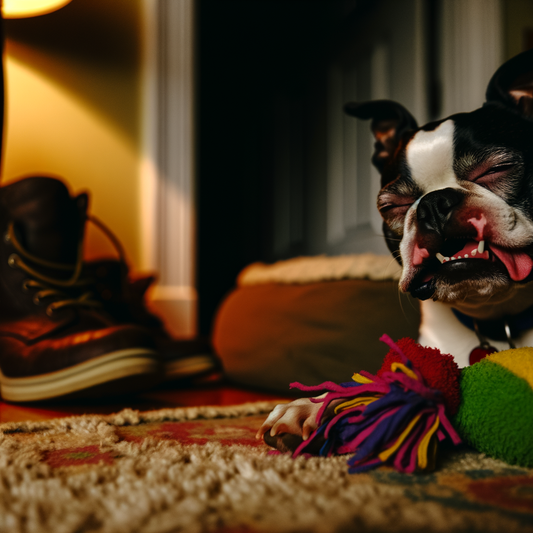 Happy dog playing with a colorful toy indoors.