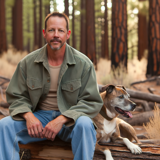 Man sitting beside a dog in a forest.