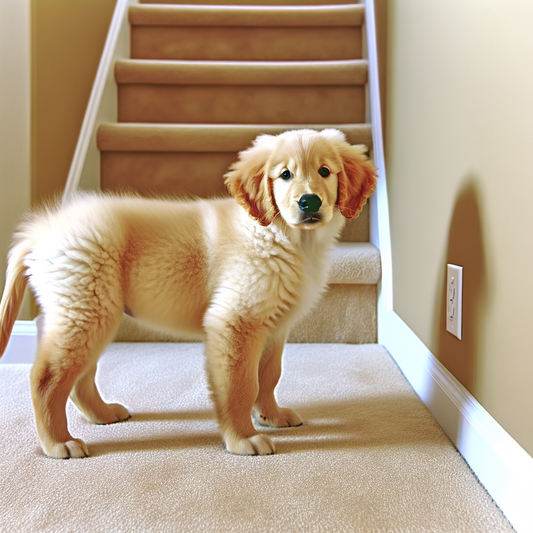 Fluffy golden retriever puppy standing on carpeted stairs.