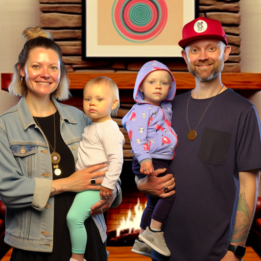 Family portrait with two young kids by a fireplace.