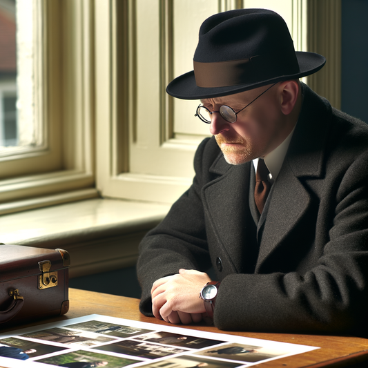Man in a hat and glasses examining photographs.