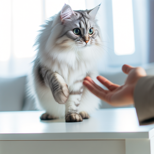 A fluffy cat reaching out to a hand.
