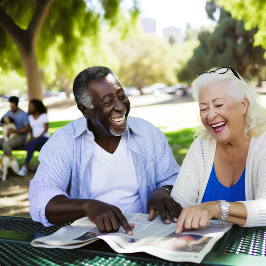 Two laughing seniors enjoying a newspaper in the park.