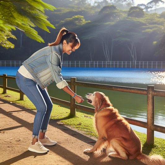 Person feeding a golden retriever by a lake.