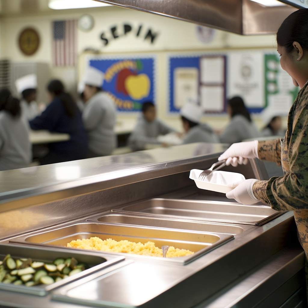 Person serving food in a school cafeteria setting.