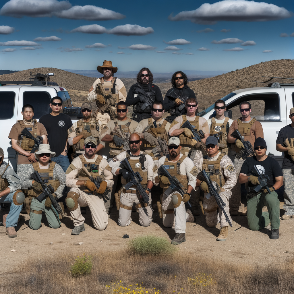Group of armed personnel posing in a desert setting.