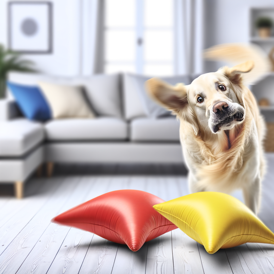 Dog playing with colorful cushions in a cozy living room.