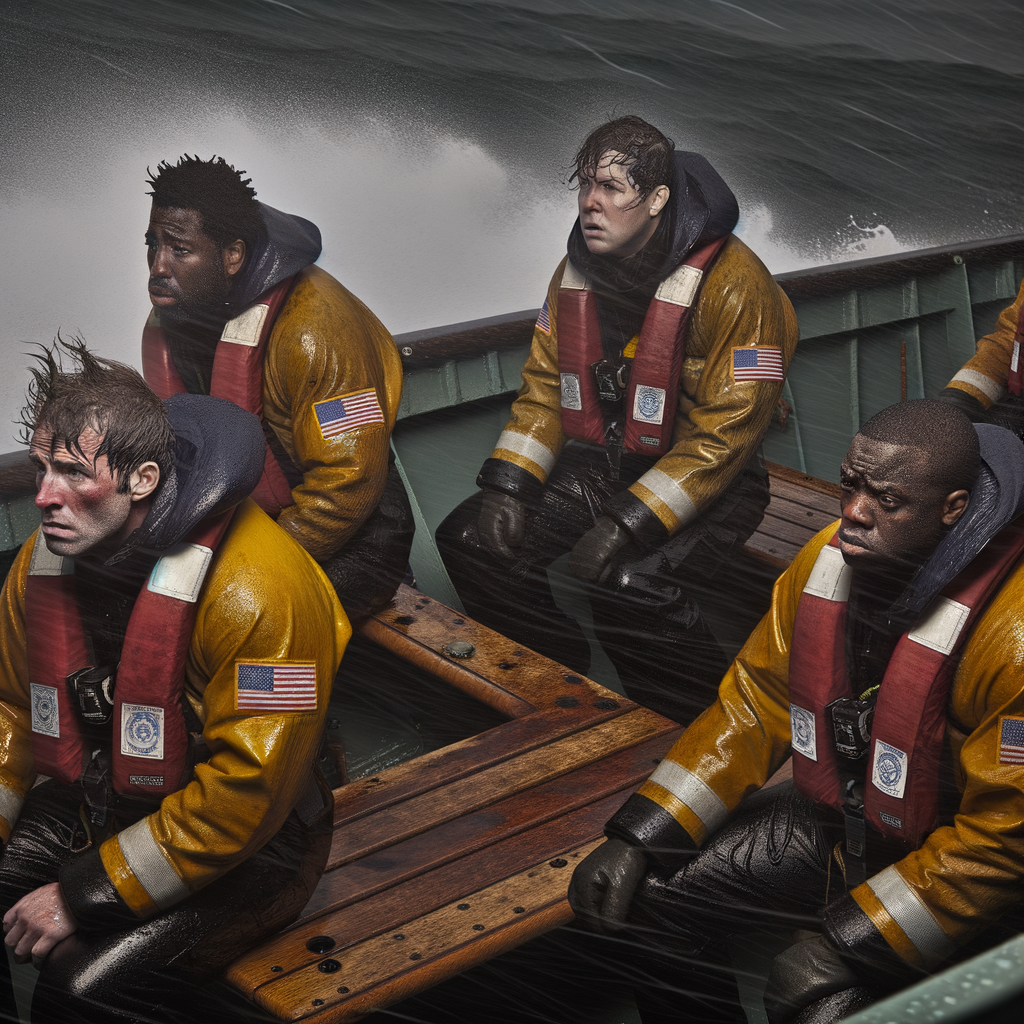 Rescue crew braving rough seas in stormy weather.