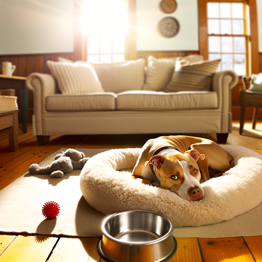 Cozy dog resting on a fluffy bed in sunlight.