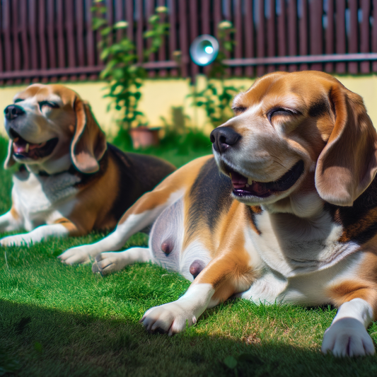 Two beagles relaxing in a sunny garden.