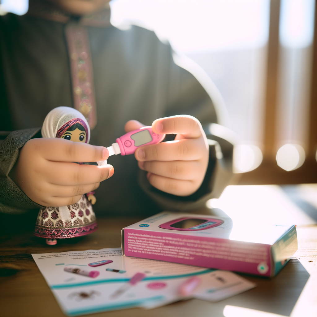 Child playing with a doll and a toy medical device.