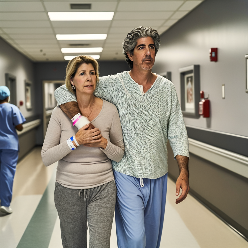 A woman and man walking together in a hospital corridor.