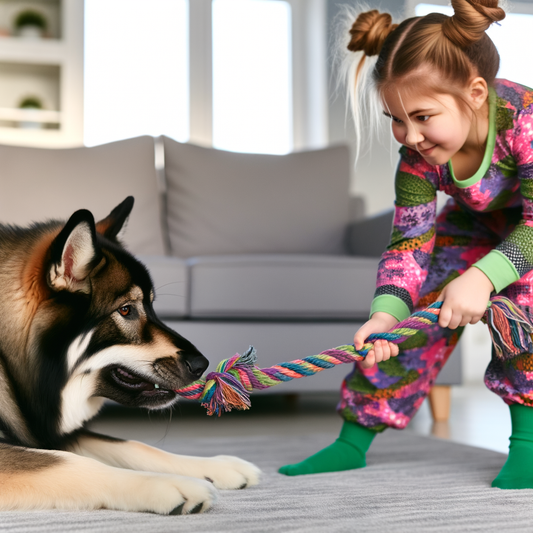 Child playing tug-of-war with a dog indoors.
