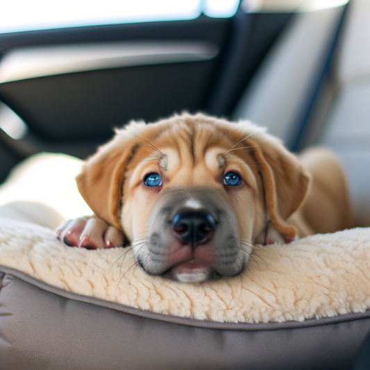 Adorable puppy resting comfortably in a car seat.