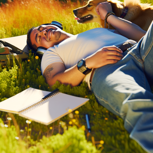 Man relaxing in grass with a dog and notebook.
