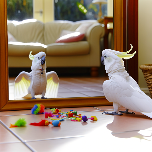 A cockatoo observes itself in a mirror.